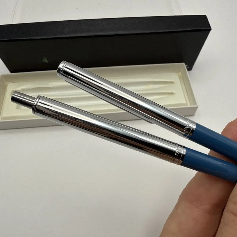 Vintage Paper Mate Ballpoint Pen & Mechanical Pencil Set Blue/ Chrome